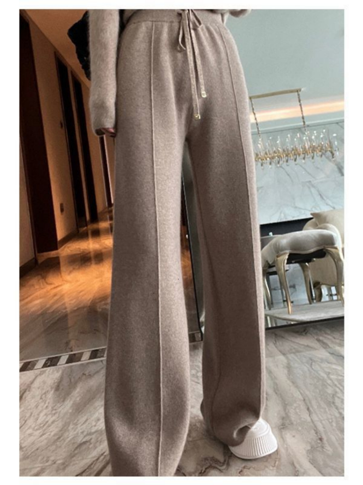 Women's Pants 's Wool WideLeg FallWinter High Waist Drooping Slimming Casual Loose Straight Knit Mop Trousers Outer Wear 230914