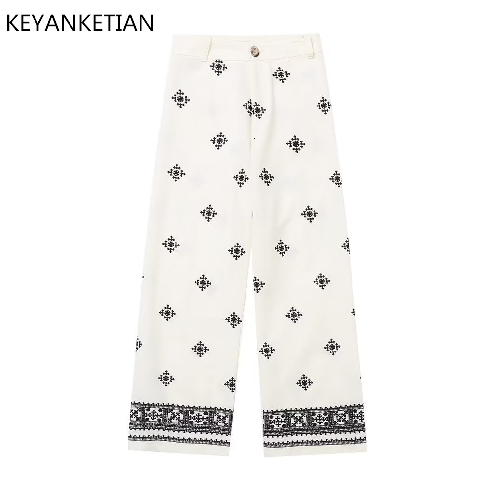 Women's Pants s KEYANKETIAN Women Vintage Embroidery Casual Linen Wide Leg Female Chic High Waist Zipper Pantalone Ankle Length Trousers 230914