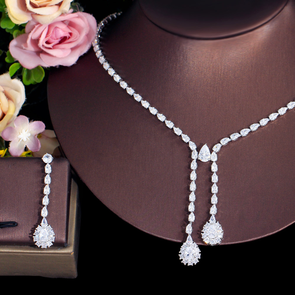 2023 Luxury Wedding Jewelry Sets 18K White Gold Fill Water Drop 5A Cubic Zircon CZ Diamond Sparkling Handmade Party Women Bridal Dangle Earring Neckla