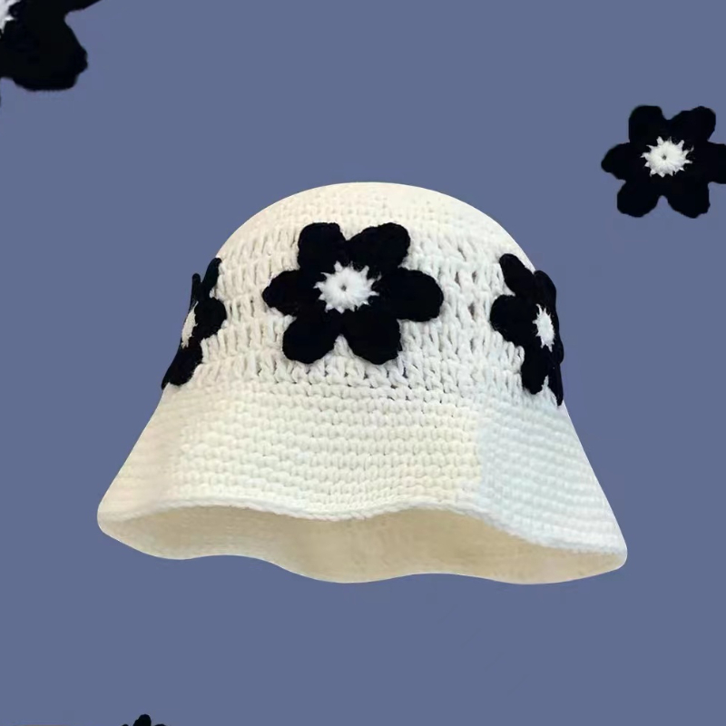 Beanie/Skull Caps Autumn Crochet Hat Korean Handmade Bucket Hat Women's Weaving Knitted Hat Y2k Fashion Flowers Autumn Winter Ins Beanies 230915
