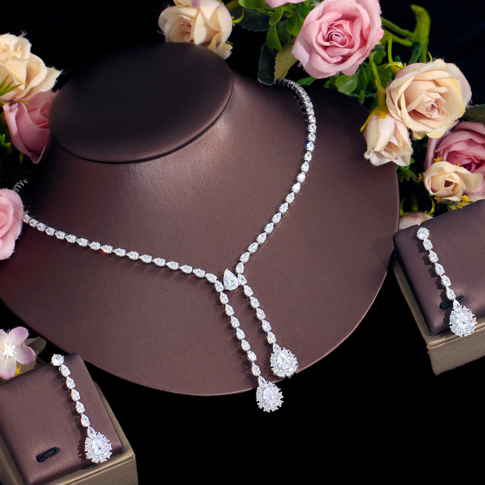 2023 Luxury Wedding Jewelry Sets 18K White Gold Fill Water Drop 5A Cubic Zircon CZ Diamond Sparkling Handmade Party Women Bridal Dangle Earring Neckla