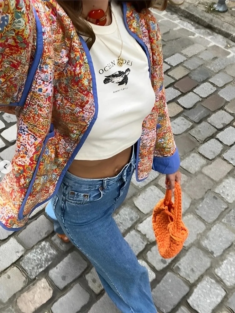 Womens Jackets Printed Contrast Stitching Cotton Jacket for Women Long Sleeve Pocket Open Front Coats Autumn Lady Chic Holiday Streetwear 230915