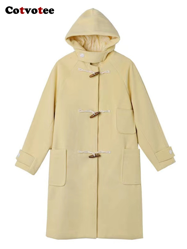 Womens Wool Blends Cotvotee Thicken Warm Coat Women Autumn Winter Loose Hooded Long Coats Casual Turn Down Collar Horn Button Jacket 230915