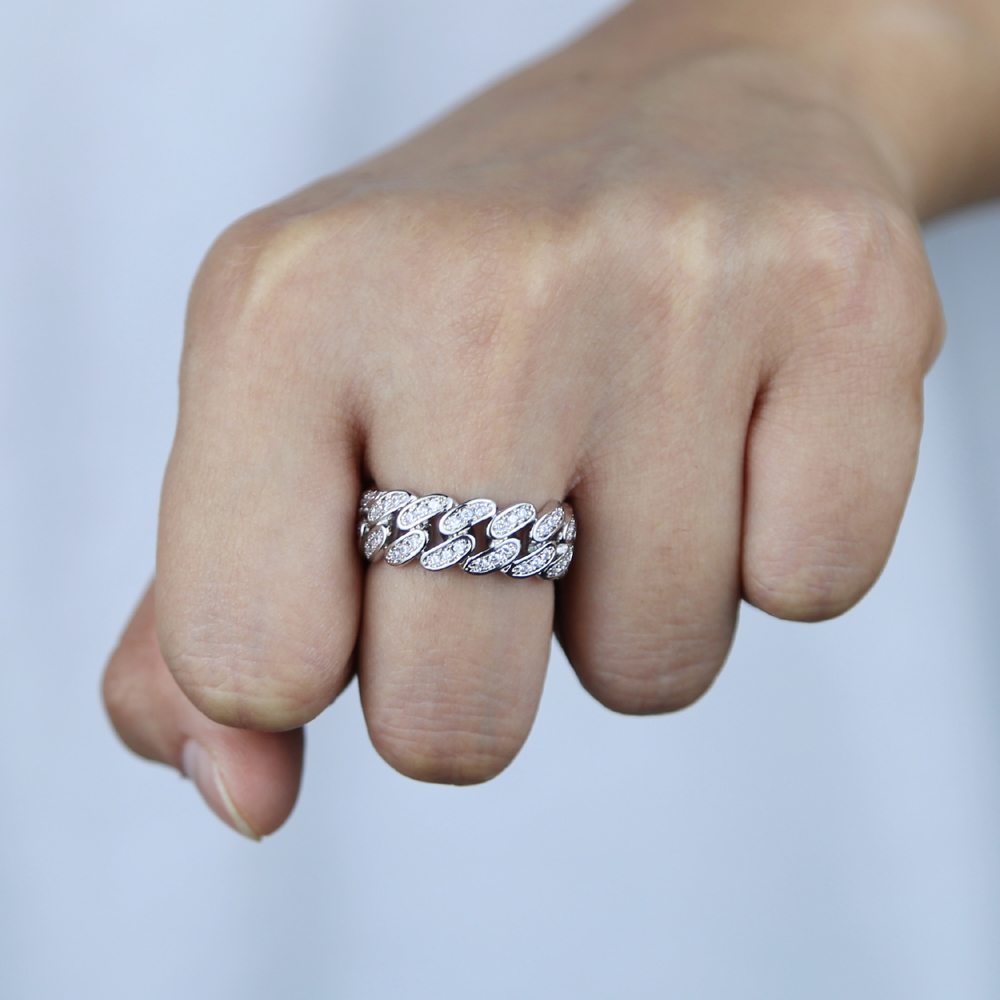 Bling White Cubic Zirconia Paved Miami Cuban Link Chain Ring for Women Hip Hop Engagement Band Trendy Finger Rings for Wedding