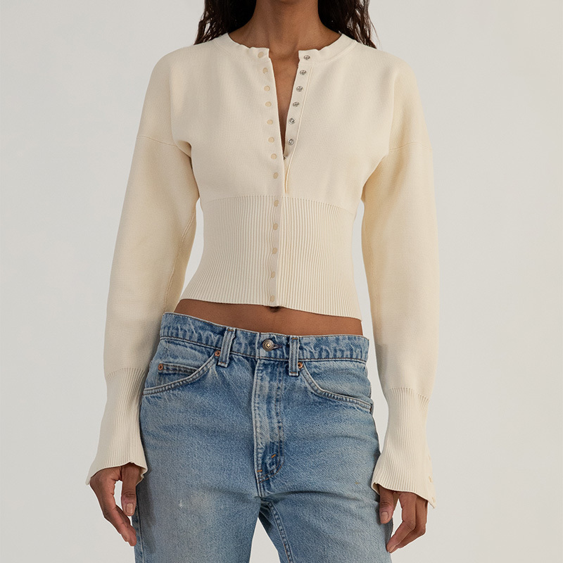 Women s T Shirt Women Ribbed Knit Cardigan T shirt Long Sleeve O neck Slim Fit Button Crop Top 2023 Fashion Female Clothes Trendy Streetwear 230915
