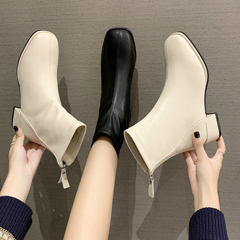 Boots Elastic Socks Fashion Ankle Women High Heel Thicks Square Toe Short Retro Ladies Shoes 230915