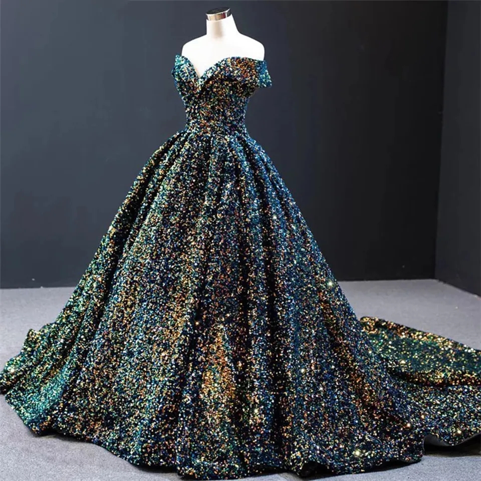 Women Gray Formal Party Evening Dresses Sequined Robe De Soiree Off Shoulder Vintage Long Prom Dress Ball Gowns Plus Size 0920