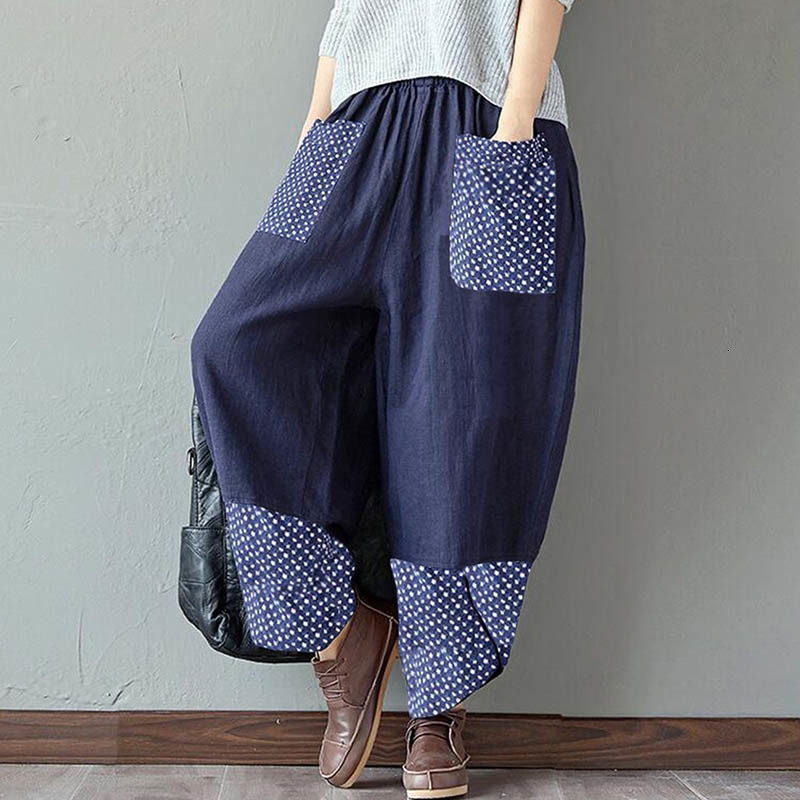 Women's Pants s Spring Autumn Fashion Women Cotton Linen Pencil Casual Print Patchwork Loose Long Trousers Elegant Streetwear Lady 230914