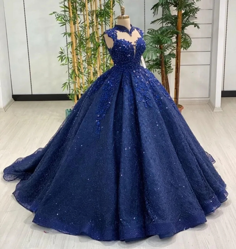 Gorgeous Formal Evening Dresses Navy Blue Princess Ball Gown Lace Beading High Collar Cap Sleeves Women Prom Pageant Gowns Robes De Soiree