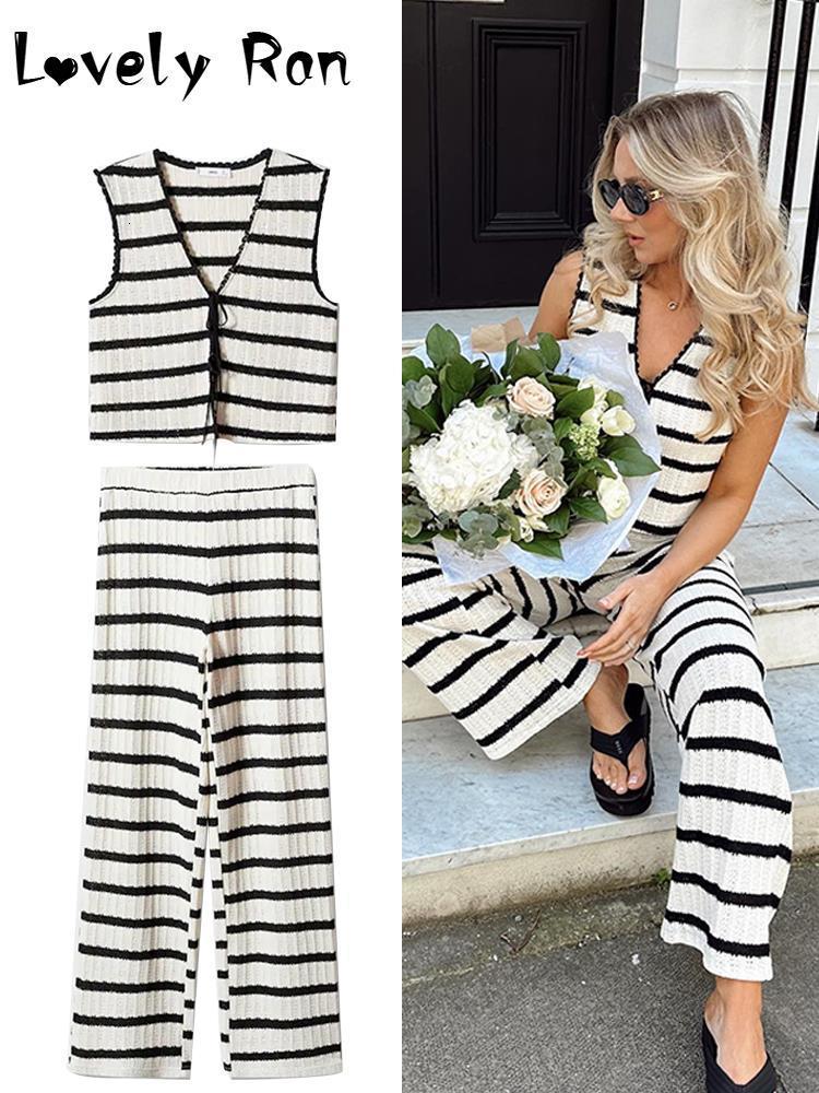Women's Tracksuits Fashion Stripe Knitted Long Pants Sets Women Summer Cropped Vest Elastic Waist Trousers Two Pieces Sets Female Chic Outfits 23