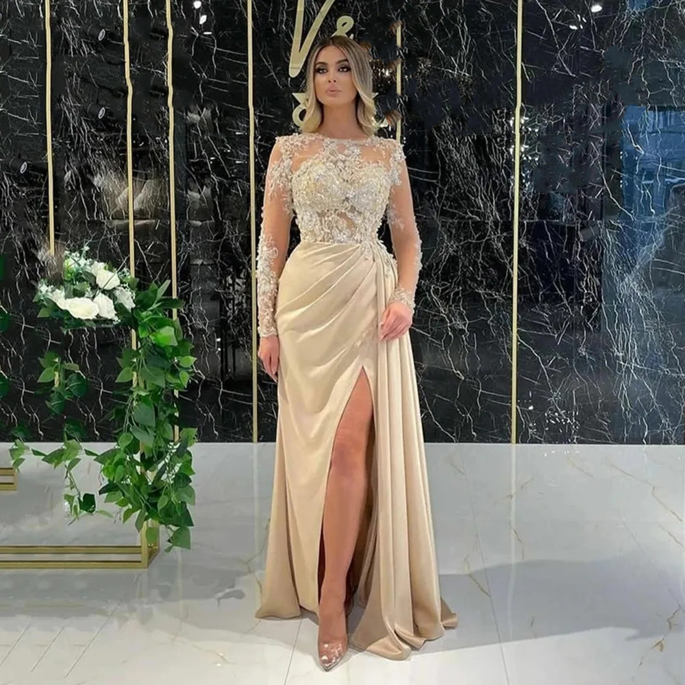 Champagne Pleated Evening Dresses Gorgeous Lace Applique Long Sleeve Mermaid Princess Prom Gowns With Side Split 6660307