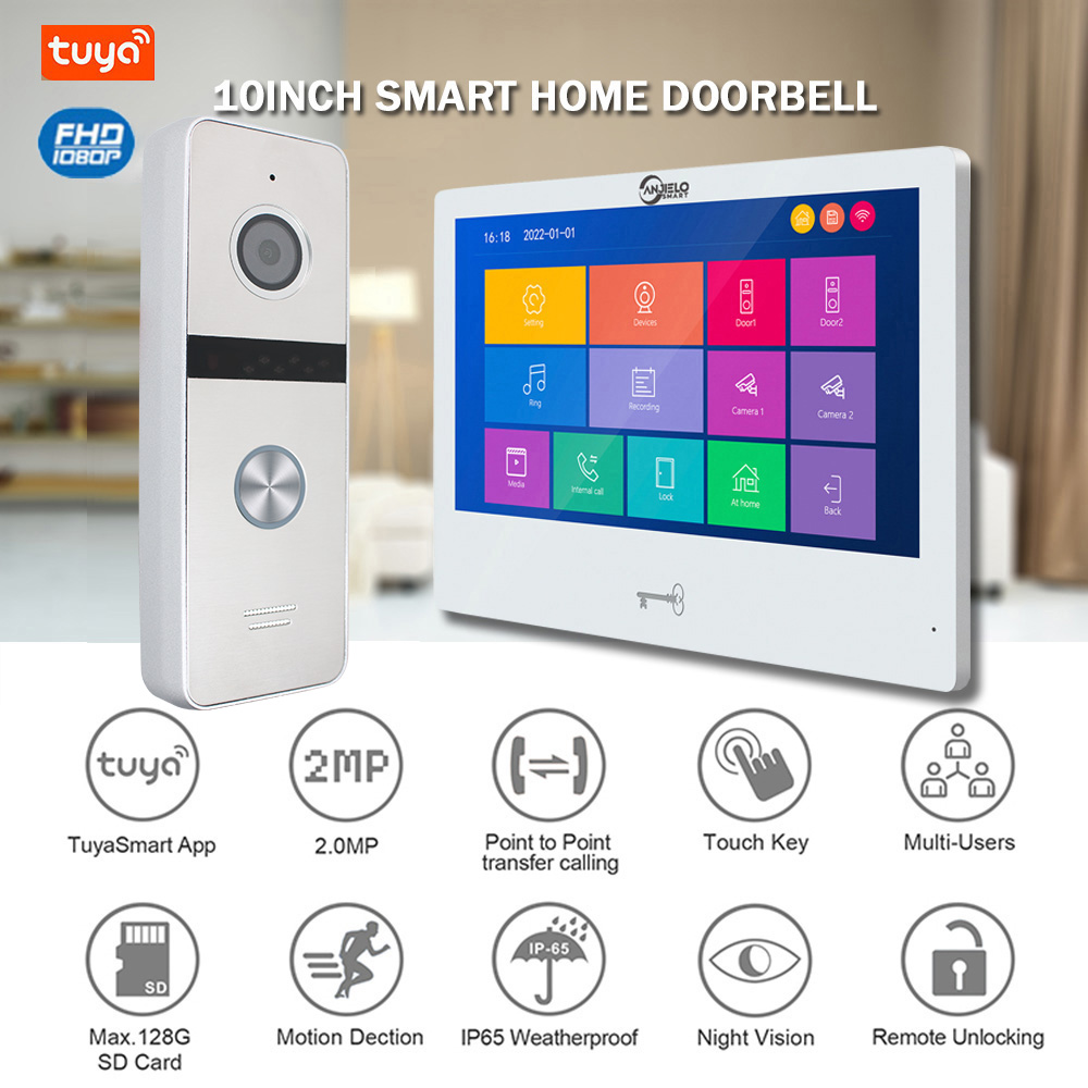 AnjieloSmart 10 inch Touch Monitor with Night Vision Doorbell Camera Video Intercom For Home Safety