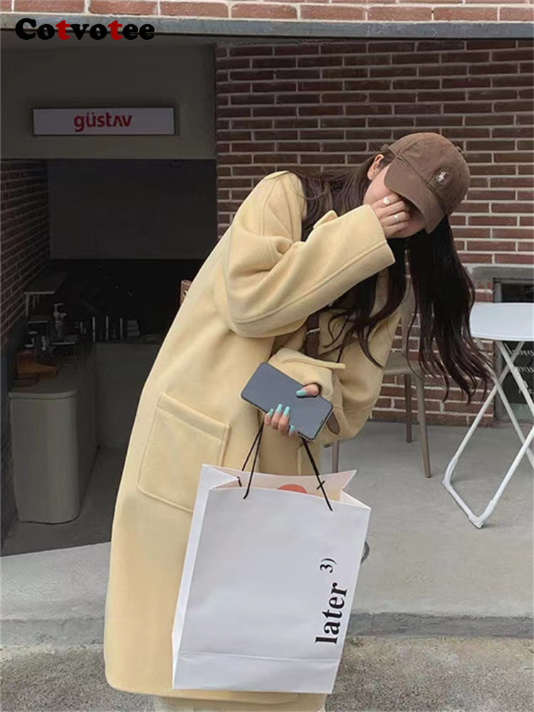 Womens Wool Blends Cotvotee Thicken Warm Coat Women Autumn Winter Loose Hooded Long Coats Casual Turn Down Collar Horn Button Jacket 230915