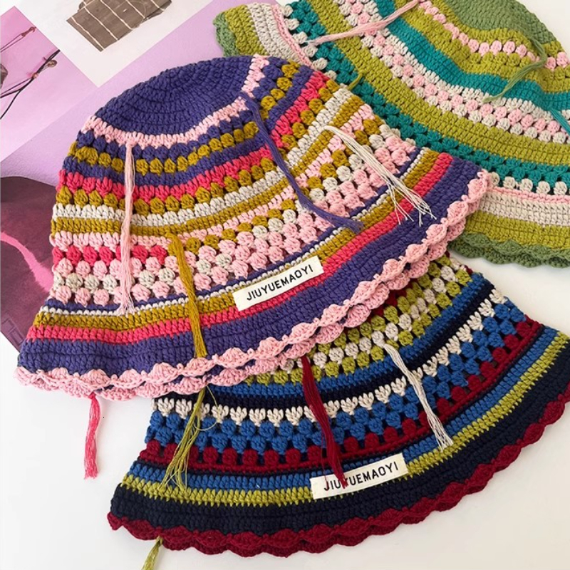 Beanie/Skull Caps Autumn Crochet Hat Korean Handmade Bucket Hat Women's Weaving Knitted Hat Y2k Fashion Flowers Autumn Winter Ins Beanies 230915