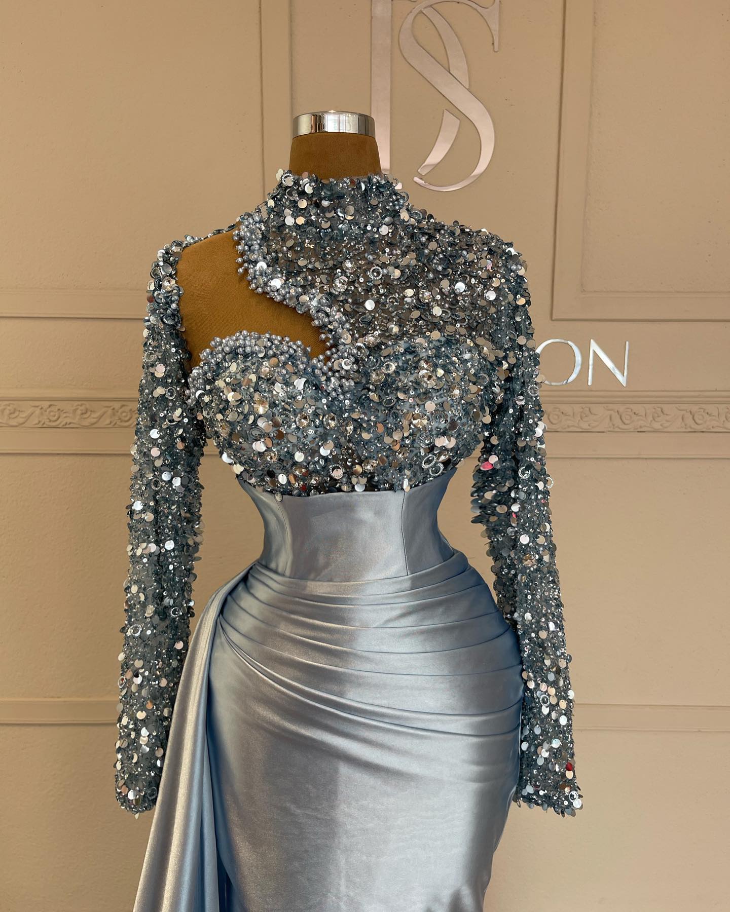 Sexy Mermaid Evening Sequins High Neck Long Sleeves Formal Party Prom Dress Pleats Dresses for special ocn