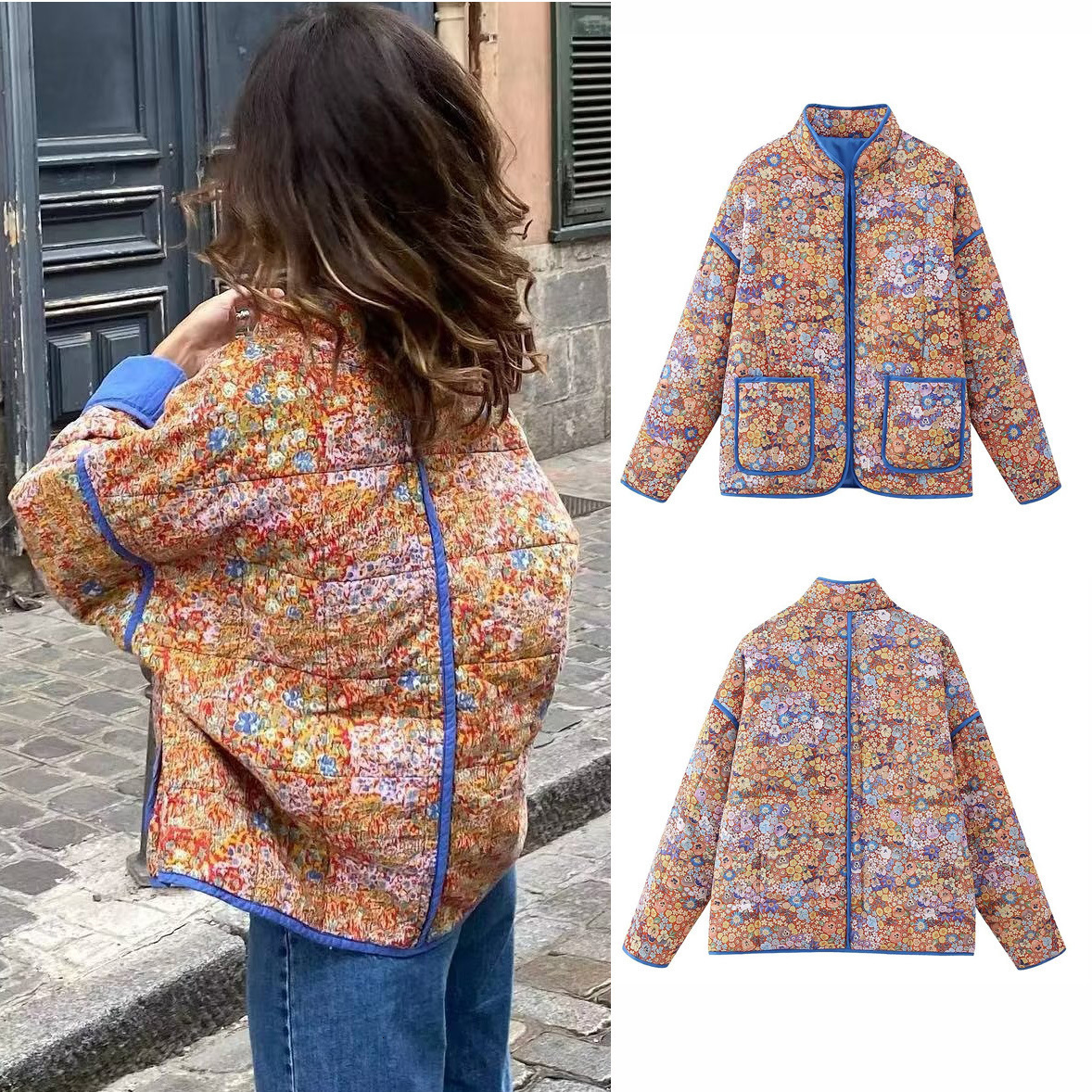 Womens Jackets Printed Contrast Stitching Cotton Jacket for Women Long Sleeve Pocket Open Front Coats Autumn Lady Chic Holiday Streetwear 230915