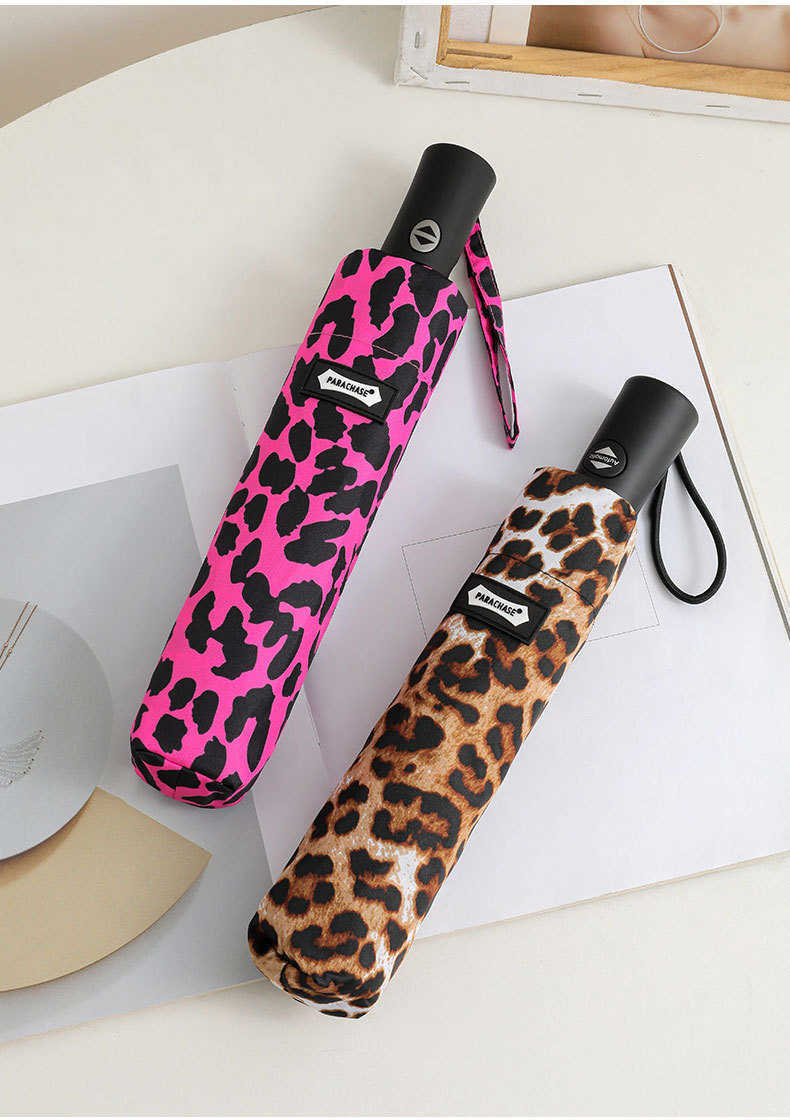Leopard Print Women's Automatic Umbrella Male Rain Sun Protection Three Folding Umbrella Parasol Parapluie For Outdoor Travel L230626