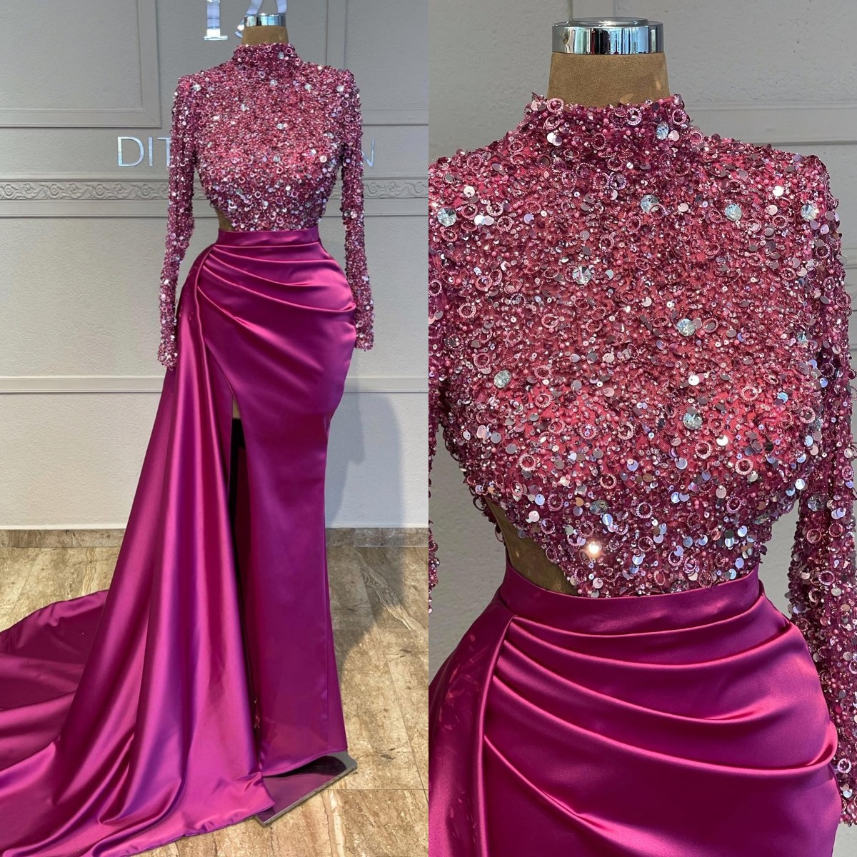 Sexy Rosy Pink Mermaid Evening Sequins High Neck Cutaway Sides Formal Party Prom Dress Pleats Dresses For Special Ocn Lz0304