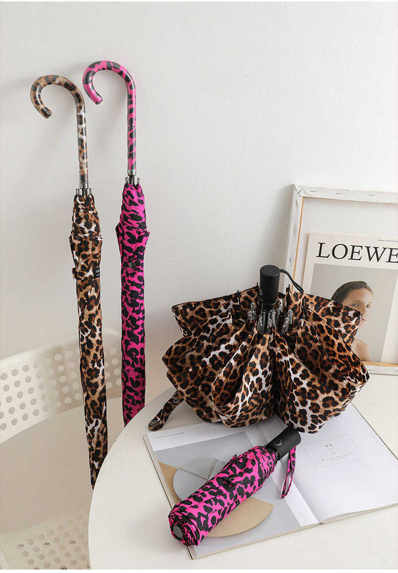 Leopard Print Women's Automatic Umbrella Male Rain Sun Protection Three Folding Umbrella Parasol Parapluie For Outdoor Travel L230626