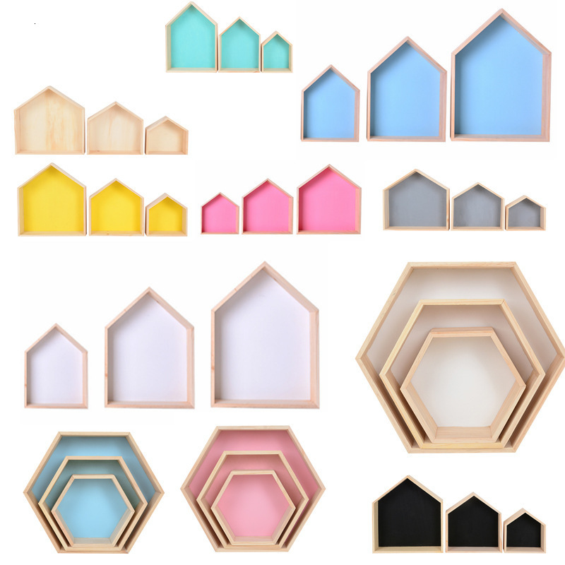 Boxes Storage# Childrens Room Decorations Wooden Hexagon Shelf Nordic House Shaped Wall Mounted Shelves Wall Racks Kids Bedroom Home Decor 230915