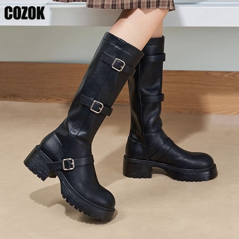 Boots Vintage Knight Motorcycle Knee High For Women Belt Buckle Thick Heels Female Casual Fashion Shoes Ladies Pumps 230915