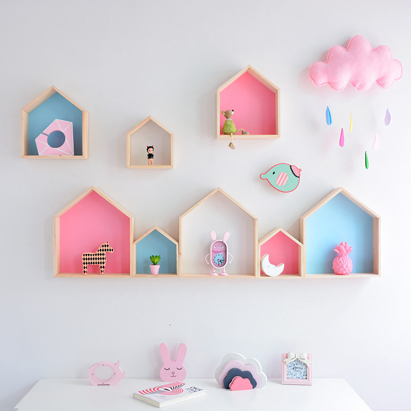 Boxes Storage# Wooden Hexagon Shelf Childrens Room Decorations House Shaped Decor Wall Mounted Shelf Children Room Crafts Storage Rack Shelf 230915