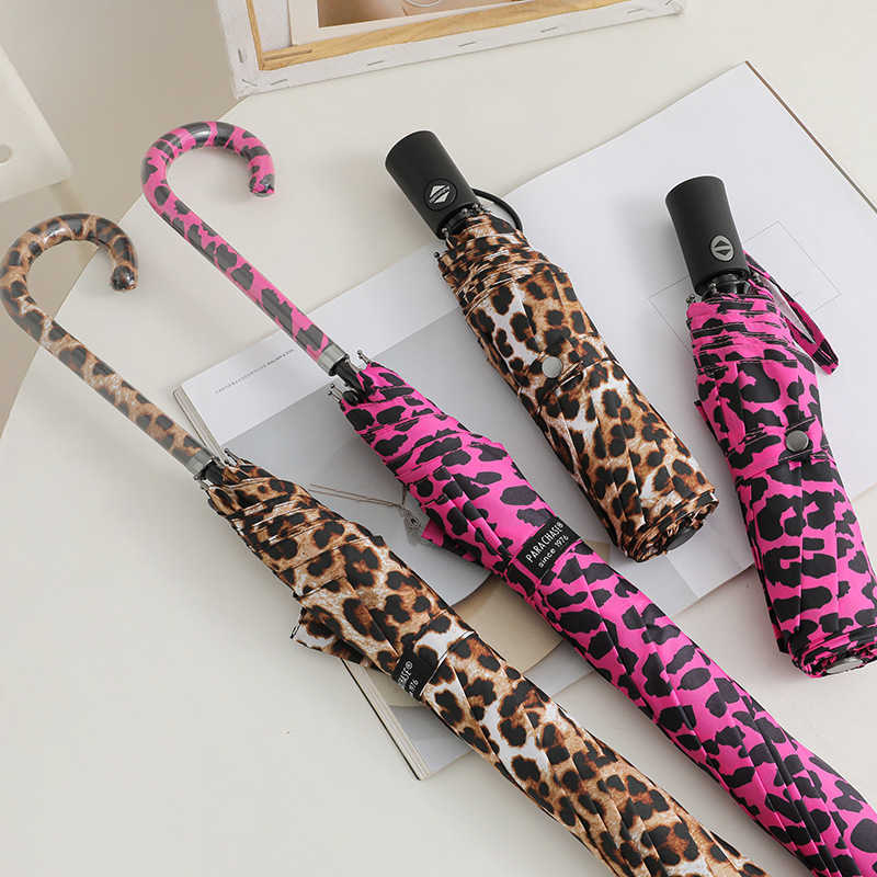 Leopard Print Women's Automatic Umbrella Male Rain Sun Protection Three Folding Umbrella Parasol Parapluie For Outdoor Travel L230626