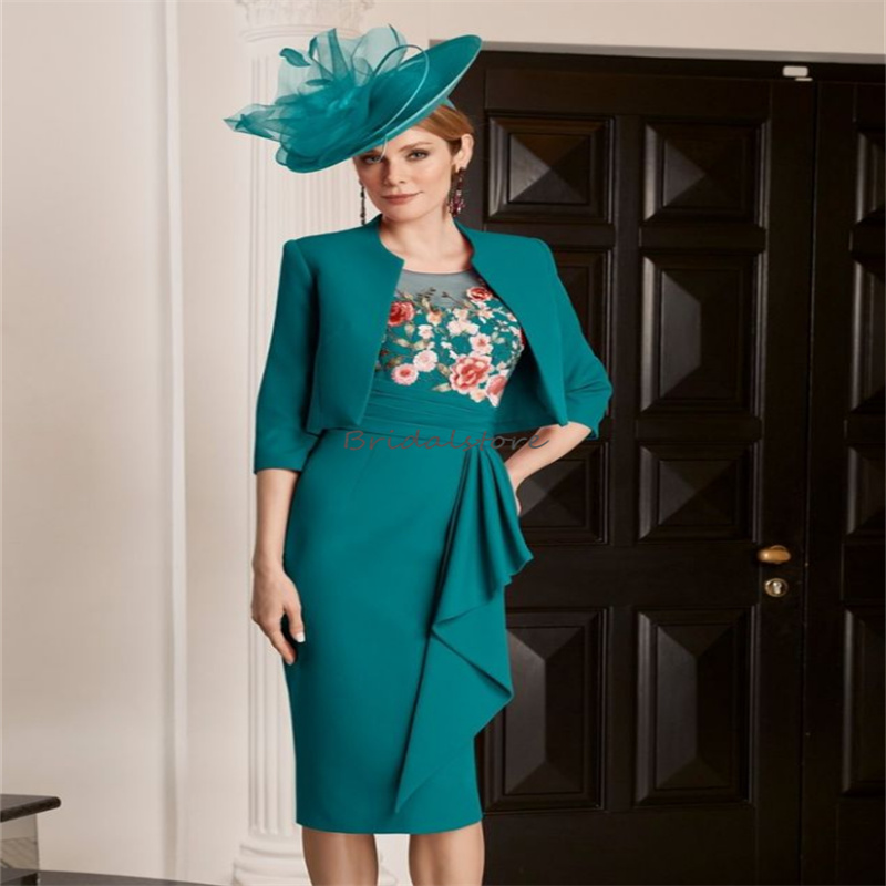 Chic Turquoise Mother Of The Bride Dress With Jacket Elegant 2 Piece Embroidery Wedding Guest Formal Evening Dress Fuchsia Navy Special Occasion Wear 