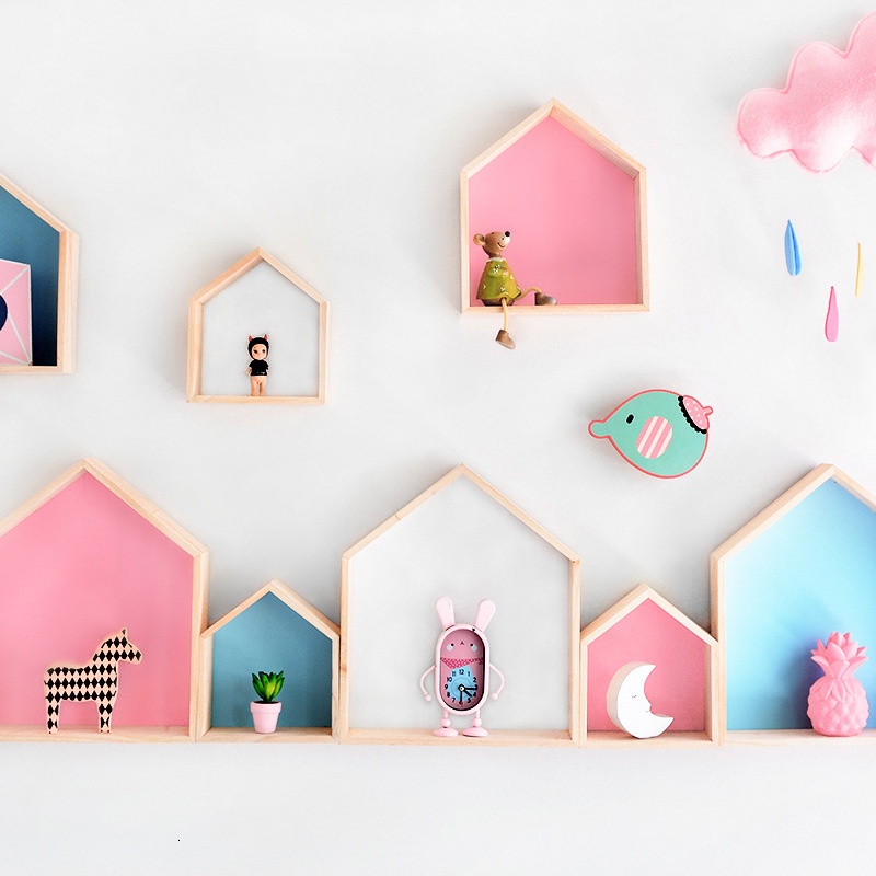 Boxes Storage# Childrens Room Decorations Wooden Hexagon Shelf Nordic House Shaped Wall Mounted Shelves Wall Racks Kids Bedroom Home Decor 230915