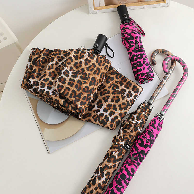 Leopard Print Women's Automatic Umbrella Male Rain Sun Protection Three Folding Umbrella Parasol Parapluie For Outdoor Travel L230626