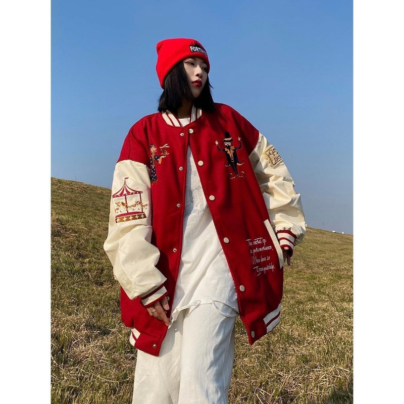 Womens Jackets Y2k Clothes Women American Red Embroidered Woolen Baseball Uniform For Men And Street Casual Loose Coat Couple 230915