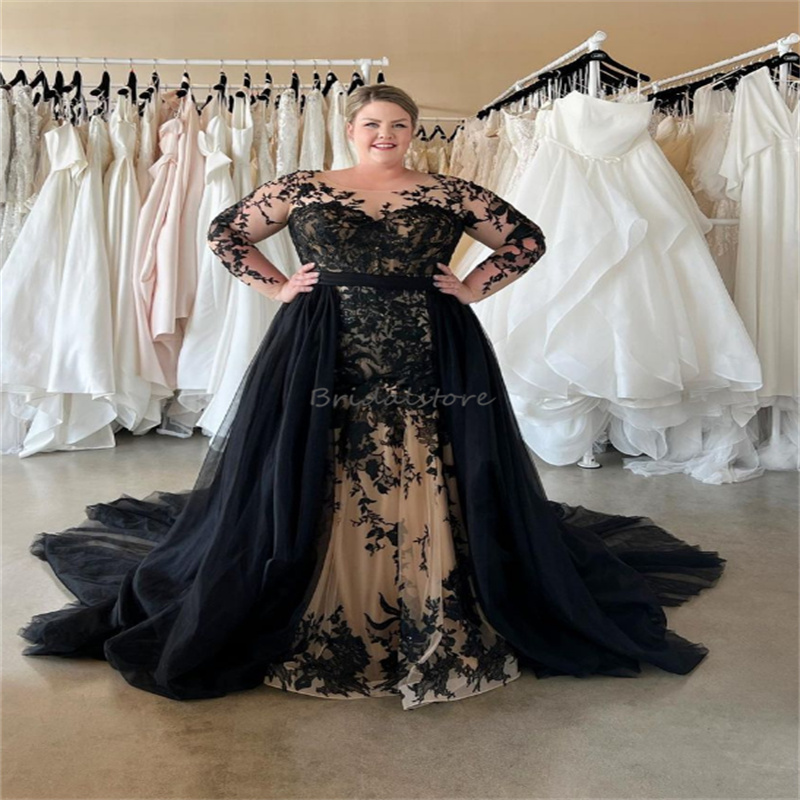 Plus Size Gothic Red Black Wedding Dress With Detachble Train Long Sleeve Lace Mermaid Church Bridal Gowns 2 In 1 Backless Bride Vestido De Novia 2023