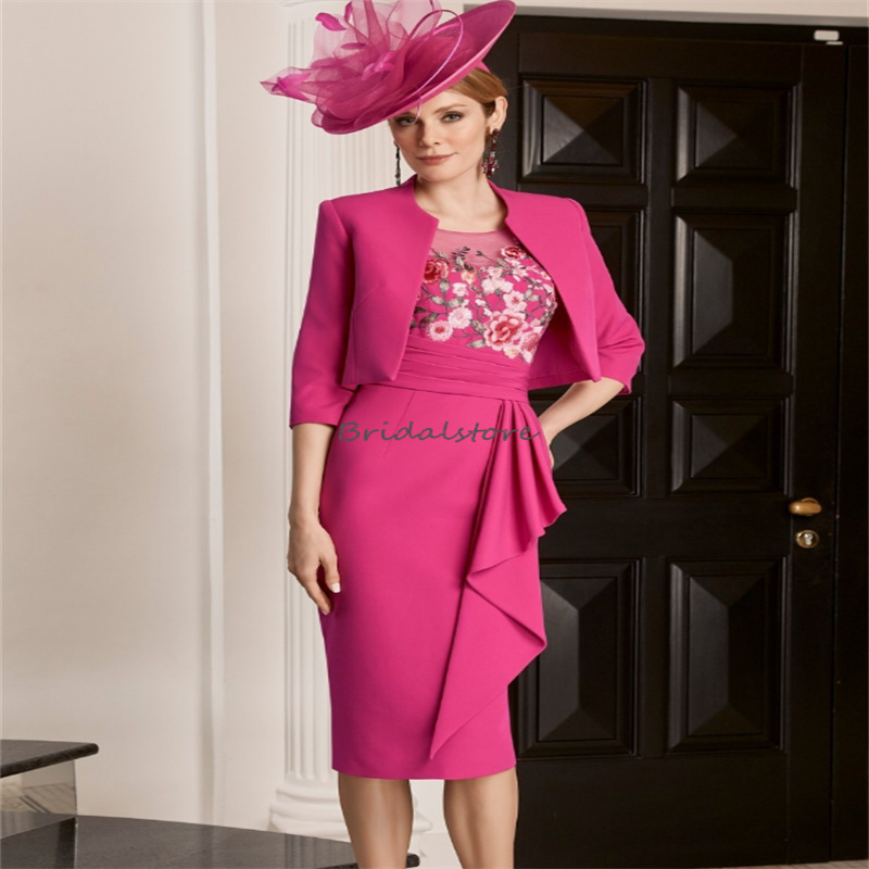 Chic Turquoise Mother Of The Bride Dress With Jacket Elegant 2 Piece Embroidery Wedding Guest Formal Evening Dress Fuchsia Navy Special Occasion Wear 