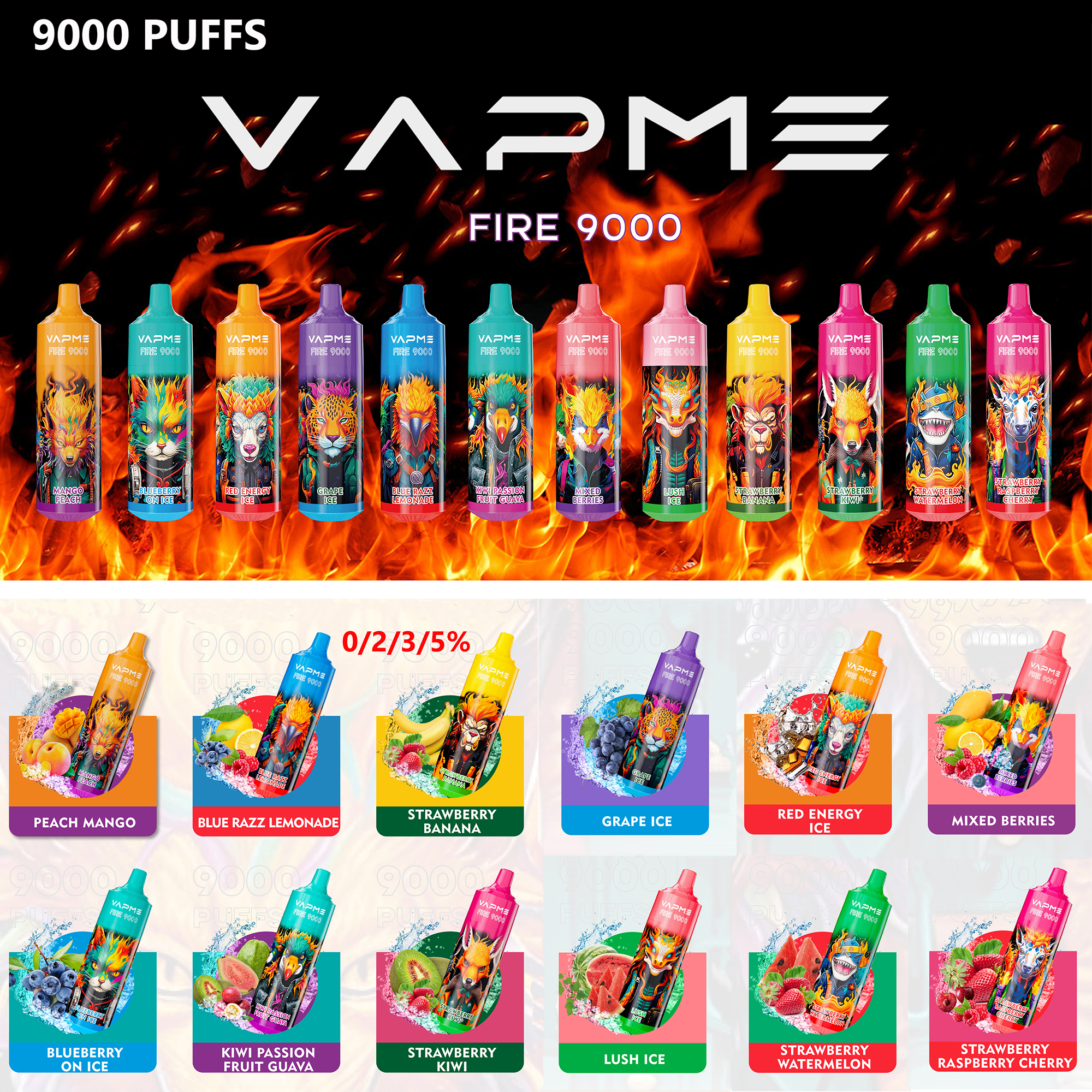 Original VAPME FIRE 9000 Puffs Disposable E Cigarettes 18ml Prefilled Pod With Rechargeable Battery 0% 2% 3% 5% 18 Flavors VS RandM Tornado 9K OEM Welcome