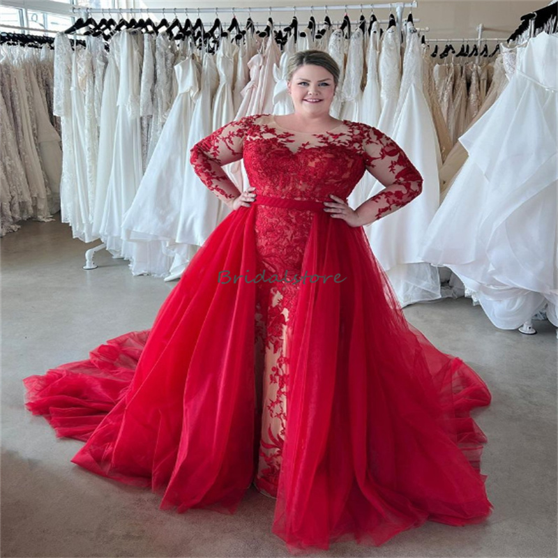Plus Size Gothic Red Black Wedding Dress With Detachble Train Long Sleeve Lace Mermaid Church Bridal Gowns 2 In 1 Backless Bride Vestido De Novia 2023