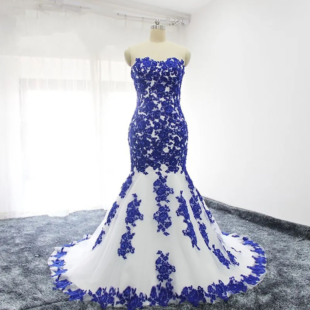 Bridal Gowns White Wedding Dresses Ivory Mermaid Formal Trumpet Zipper Lace Up New Plus Size Custom Tulle Sweetheart Sleeveless Royal Blue Applique