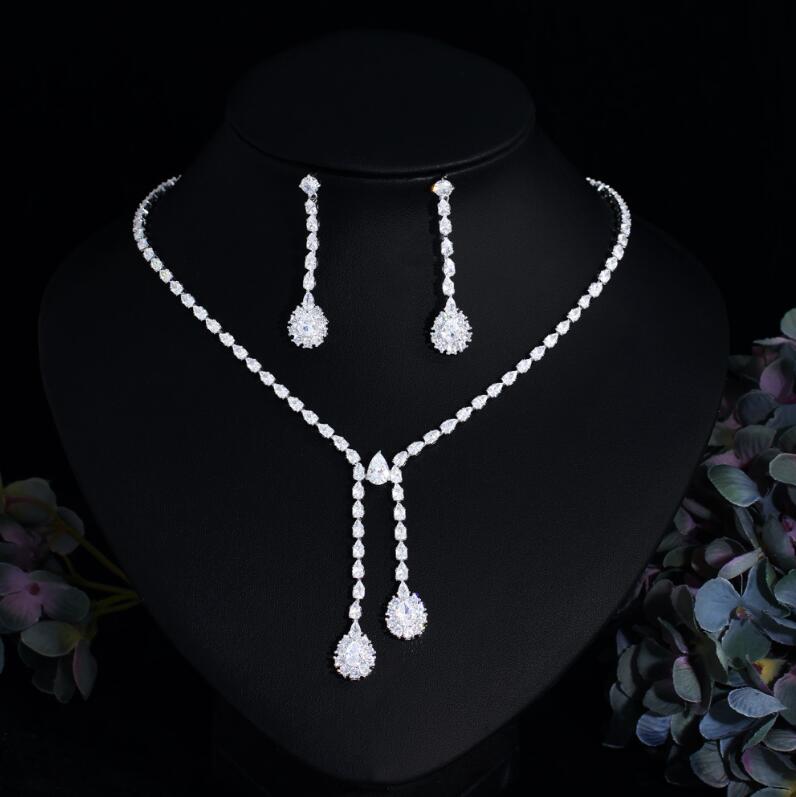 2023 Luxury Wedding Jewelry Sets 18K White Gold Fill Water Drop 5A Cubic Zircon CZ Diamond Sparkling Handmade Party Women Bridal Dangle Earring Neckla