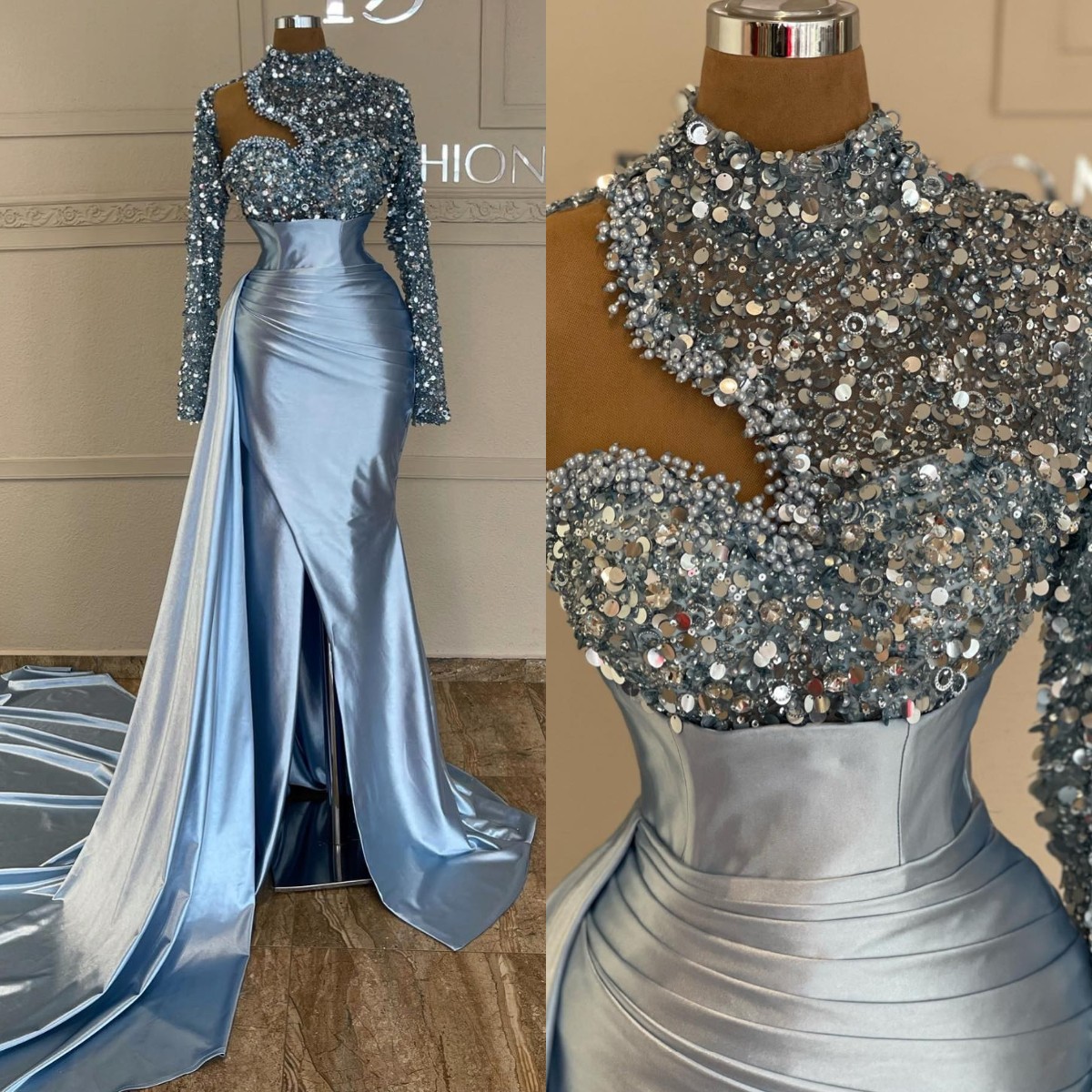 Sexy Mermaid Evening Sequins High Neck Long Sleeves Formal Party Prom Dress Pleats Dresses for special ocn