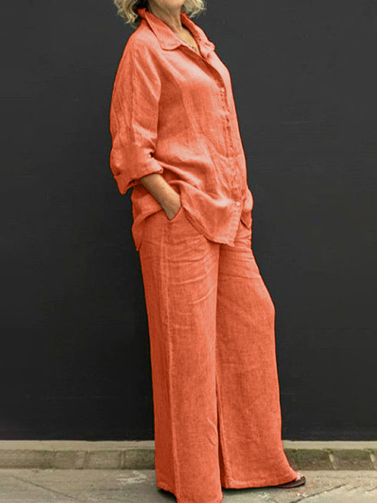 Women's Tracksuits Women Cotton Linen Suits Elegant Solid Long Sleeve Shirt Wide Leg Trousers Two Piece Set Female Casual Straight Pants Suits 23