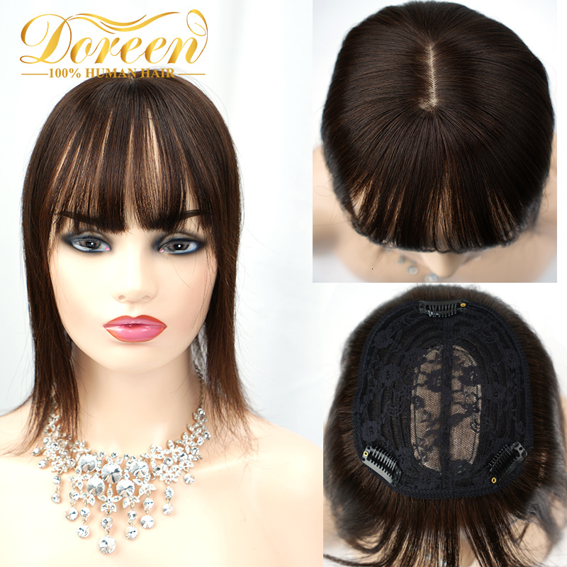 Hair pieces Doreen13*13cm 10" 12" 16" Topper Hair Piece with Bangs 100% Real Remy Human Hair Topper for Women with Thin Hair Natural Br