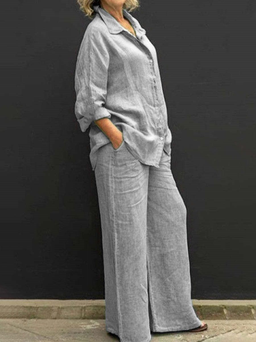 Women's Tracksuits Women Cotton Linen Suits Elegant Solid Long Sleeve Shirt Wide Leg Trousers Two Piece Set Female Casual Straight Pants Suits 23