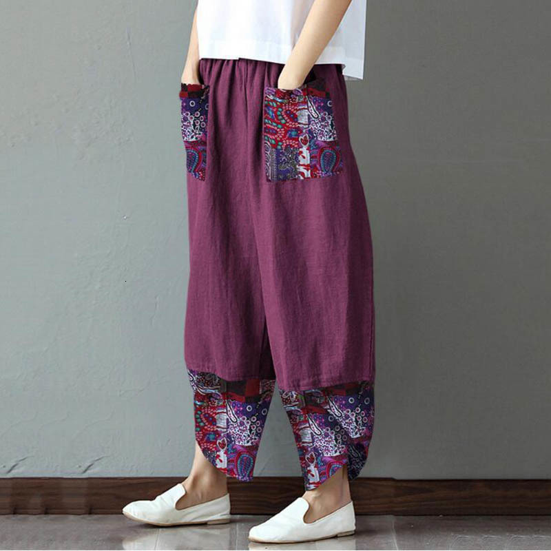 Women's Pants s Spring Autumn Fashion Women Cotton Linen Pencil Casual Print Patchwork Loose Long Trousers Elegant Streetwear Lady 230914