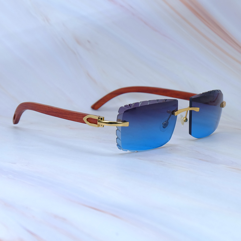 Y2K Diamond Cut Sunglasses Wooden Luxury Designer Carter Rimless Sun Glasses Fashion Vintage Stylish Eyewear Driving Shades Out door Decoration Gold Frame