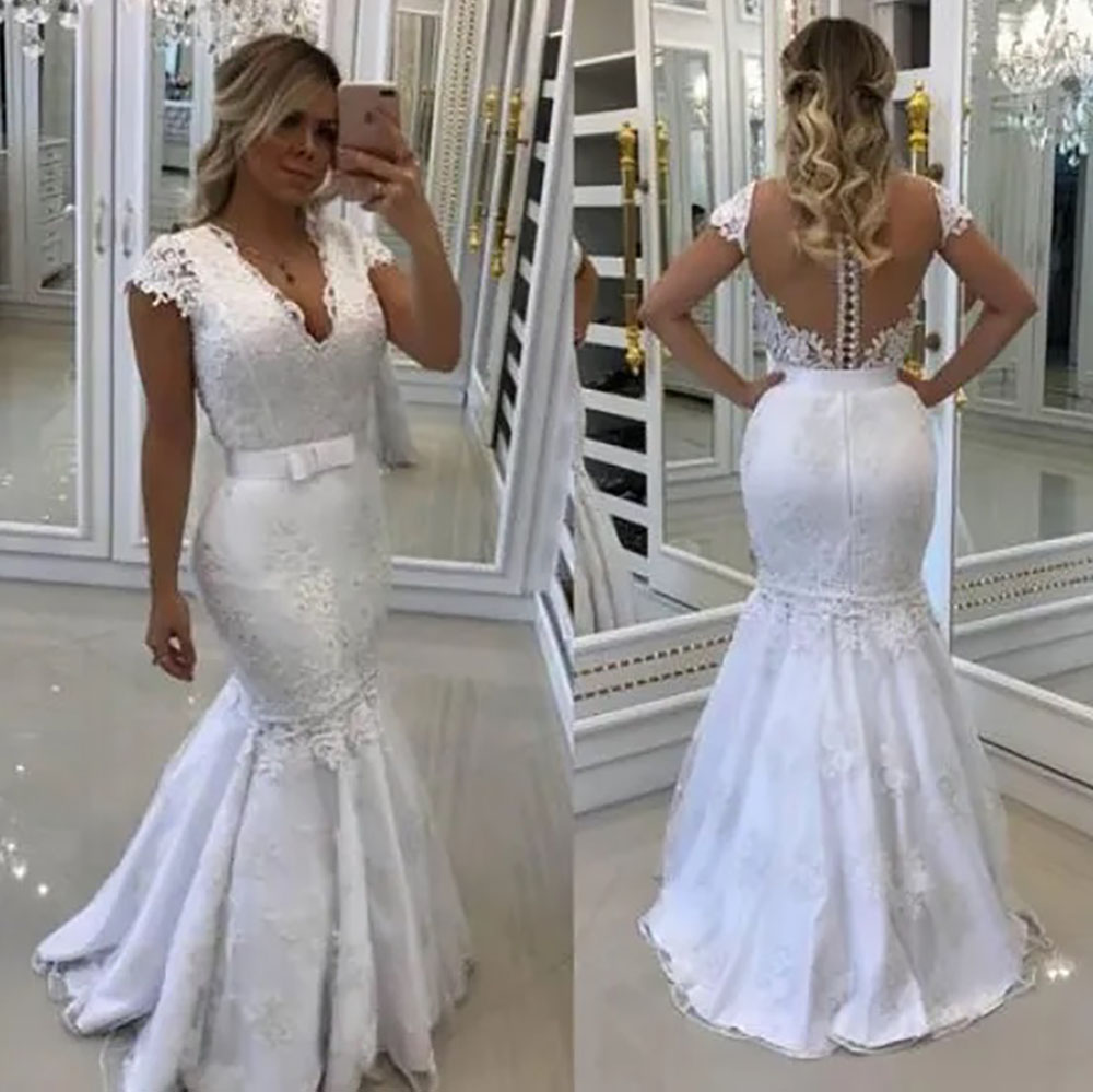 White Wedding Dresses Ivory Bridal Gowns Mermaid Formal Trumpet Zipper Lace Up New Plus Size Custom Applique V-Neck Sleeveless Lace Illusion Detachabl