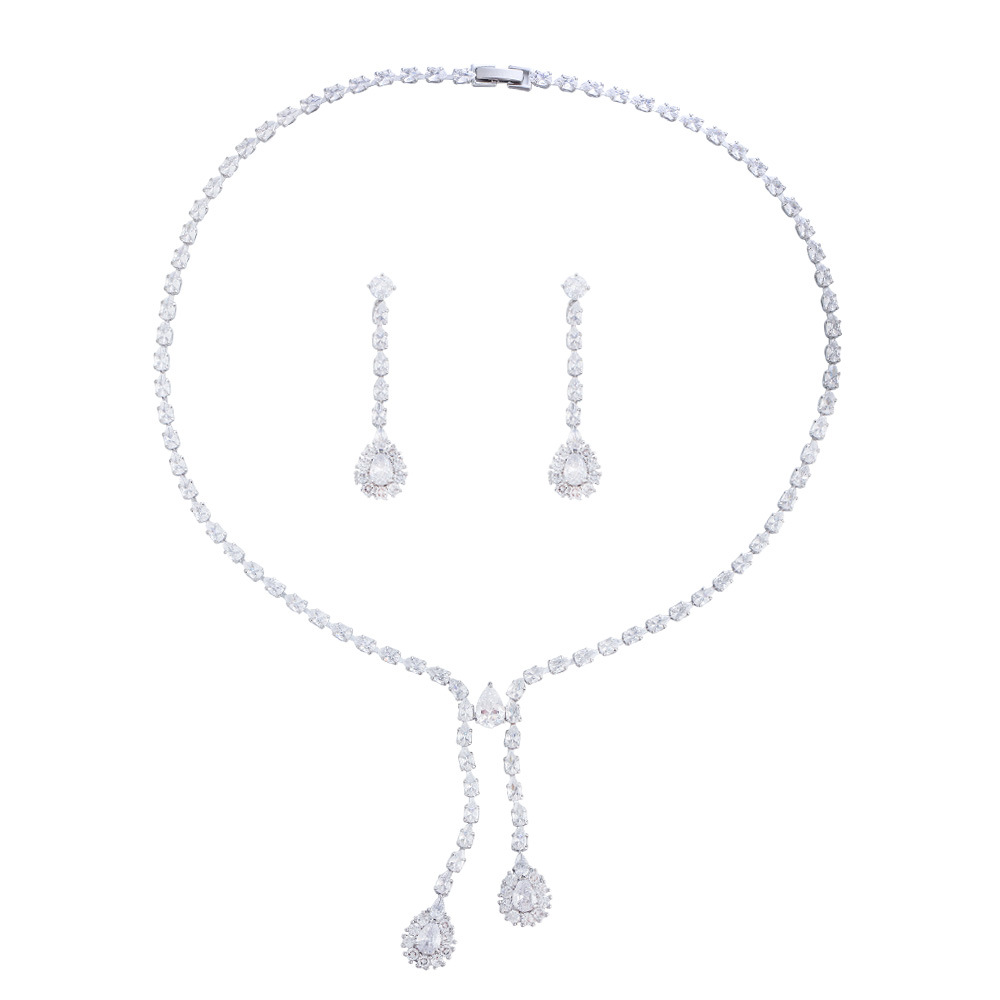 2023 Luxury Wedding Jewelry Sets 18K White Gold Fill Water Drop 5A Cubic Zircon CZ Diamond Sparkling Handmade Party Women Bridal Dangle Earring Neckla