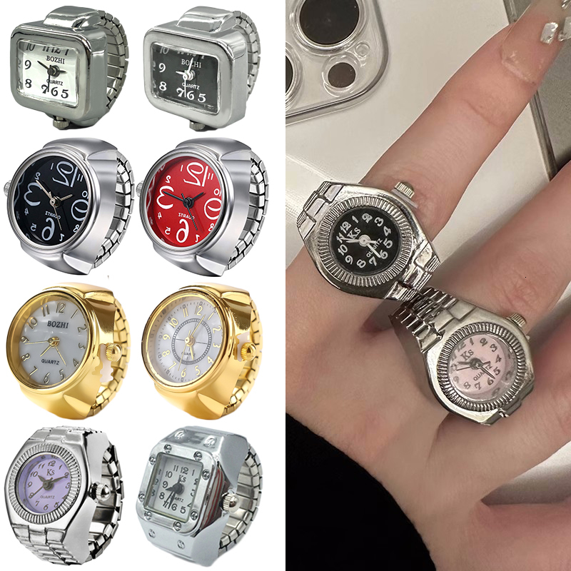 Wedding Rings Vintage Punk Finger Watch Mini Elastic Strap Alloy Watches Couple Rings Jewelry Clock Retro Roman Quartz Watch Rings Women Men 230915