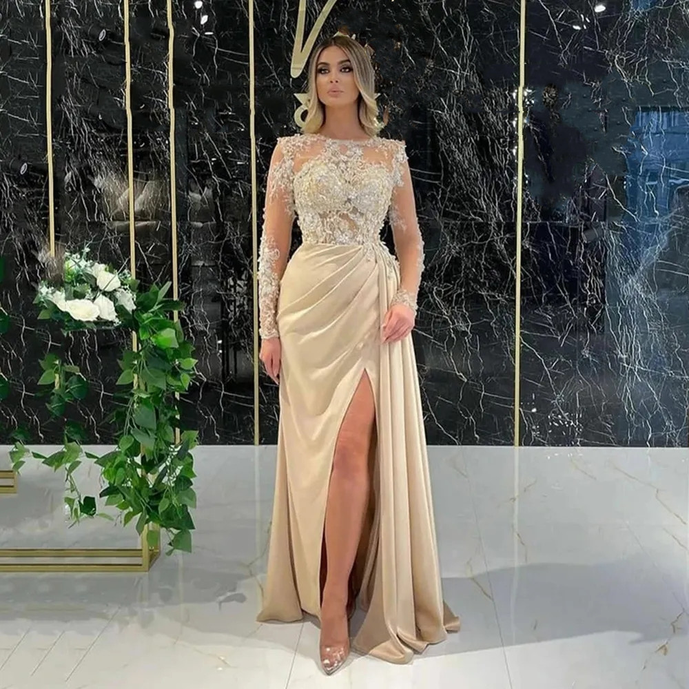 Champagne Pleated Evening Dresses Gorgeous Lace Applique Long Sleeve Mermaid Princess Prom Gowns With Side Split 6660307