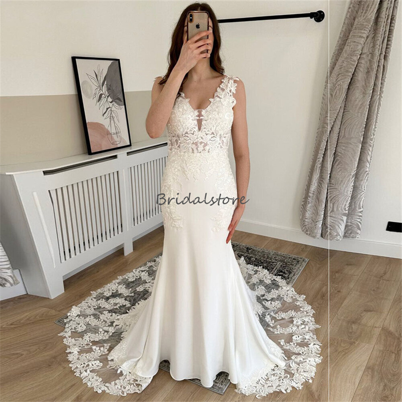 Plus Size Boho Mermaid Wedding Dress Sexy V Neck Lace Long Train Bohemian Church Bridal Gowns Backless Korean Country Fall Bride Robe De Mariee Vestid