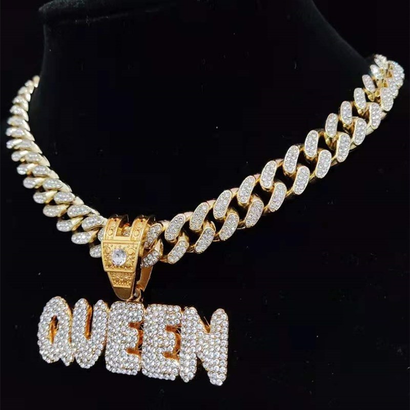 Charms Men Women Hip Hop Full KING QUEEN Letter Pendant Necklace Cuban Chain HipHop Iced Out Bling Necklaces Charm Jewelry 230915