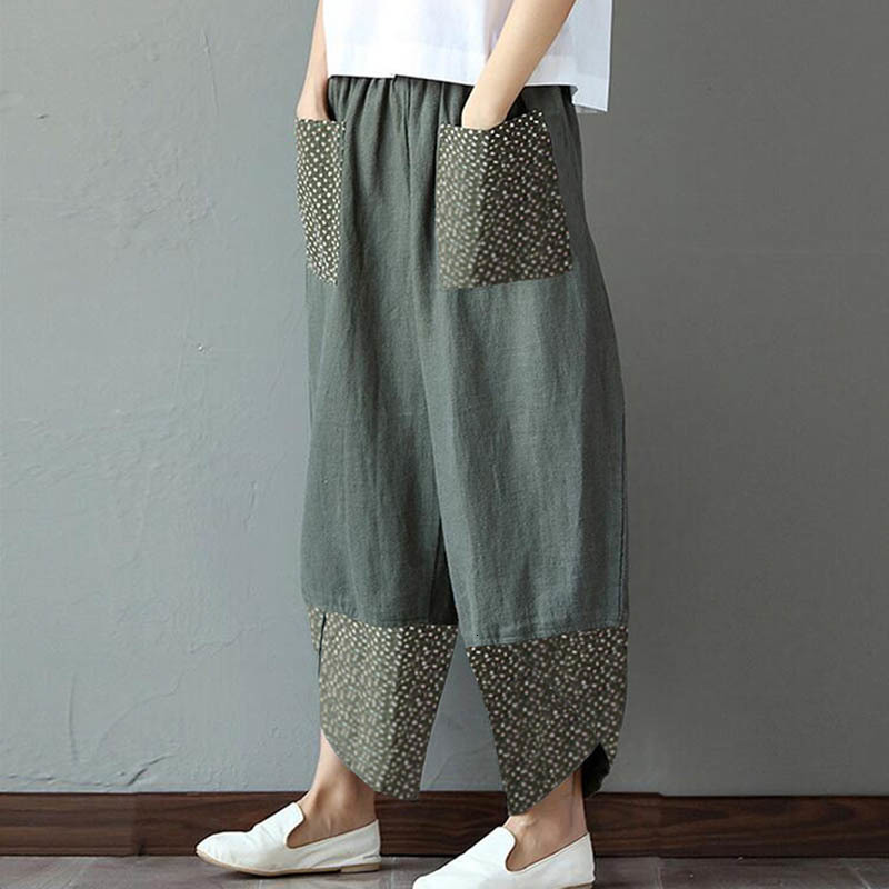 Women's Pants s Spring Autumn Fashion Women Cotton Linen Pencil Casual Print Patchwork Loose Long Trousers Elegant Streetwear Lady 230914